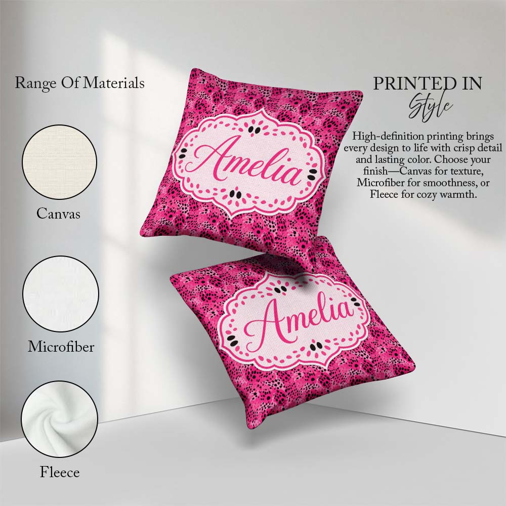Custom Name Bright Pink Leopard Spot Seamless Pattern Bold Print Square Filled Cushion Throw Pillow Sofa Bed Home Decor Zip Washable UK Made
