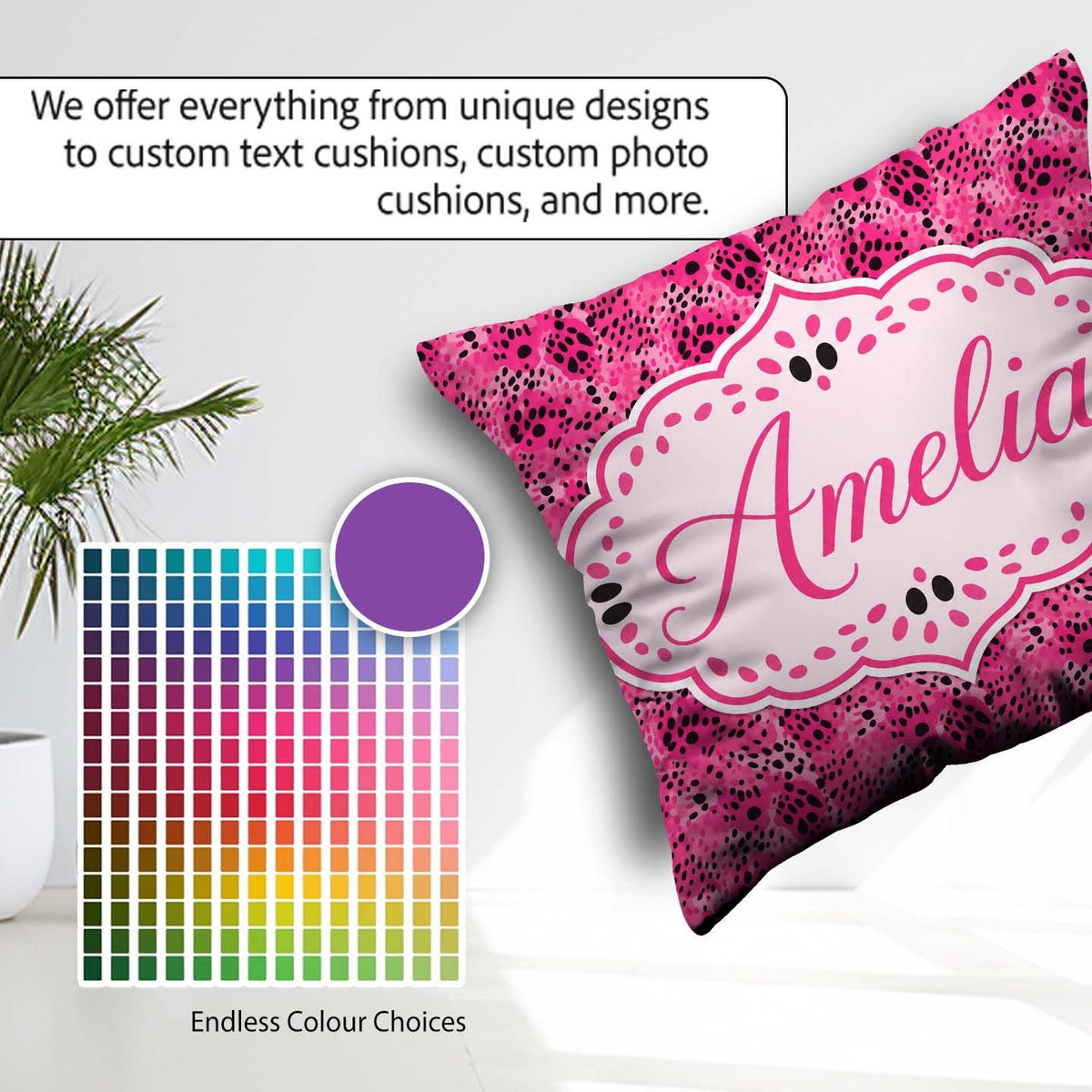 Custom Name Bright Pink Leopard Spot Seamless Pattern Bold Print Square Filled Cushion Throw Pillow Sofa Bed Home Decor Zip Washable UK Made