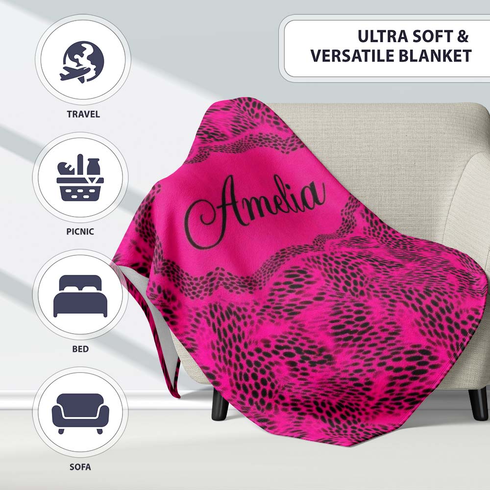 Pink Elongated Spot Seamless Pattern Organic Animal Texture Design Personalised Custom Name Super Soft Fleece Blanket Bed Sofa Throw