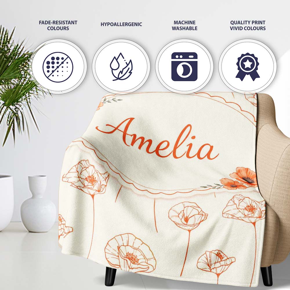 Minimal Line Art Floral Pattern Terracotta Design Cute Unique Gift Personalised Custom Name Super Soft Fleece Blanket Bed Sofa Throw