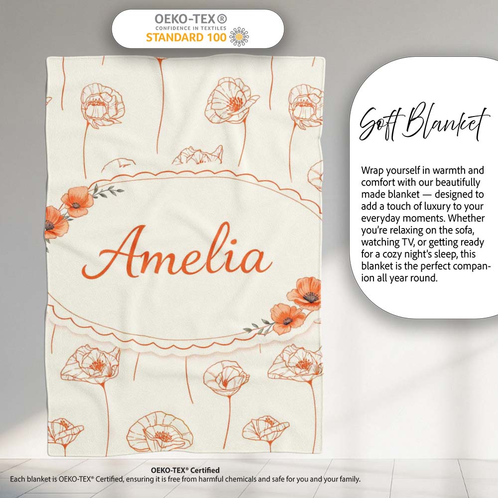 Minimal Line Art Floral Pattern Terracotta Design Cute Unique Gift Personalised Custom Name Super Soft Fleece Blanket Bed Sofa Throw