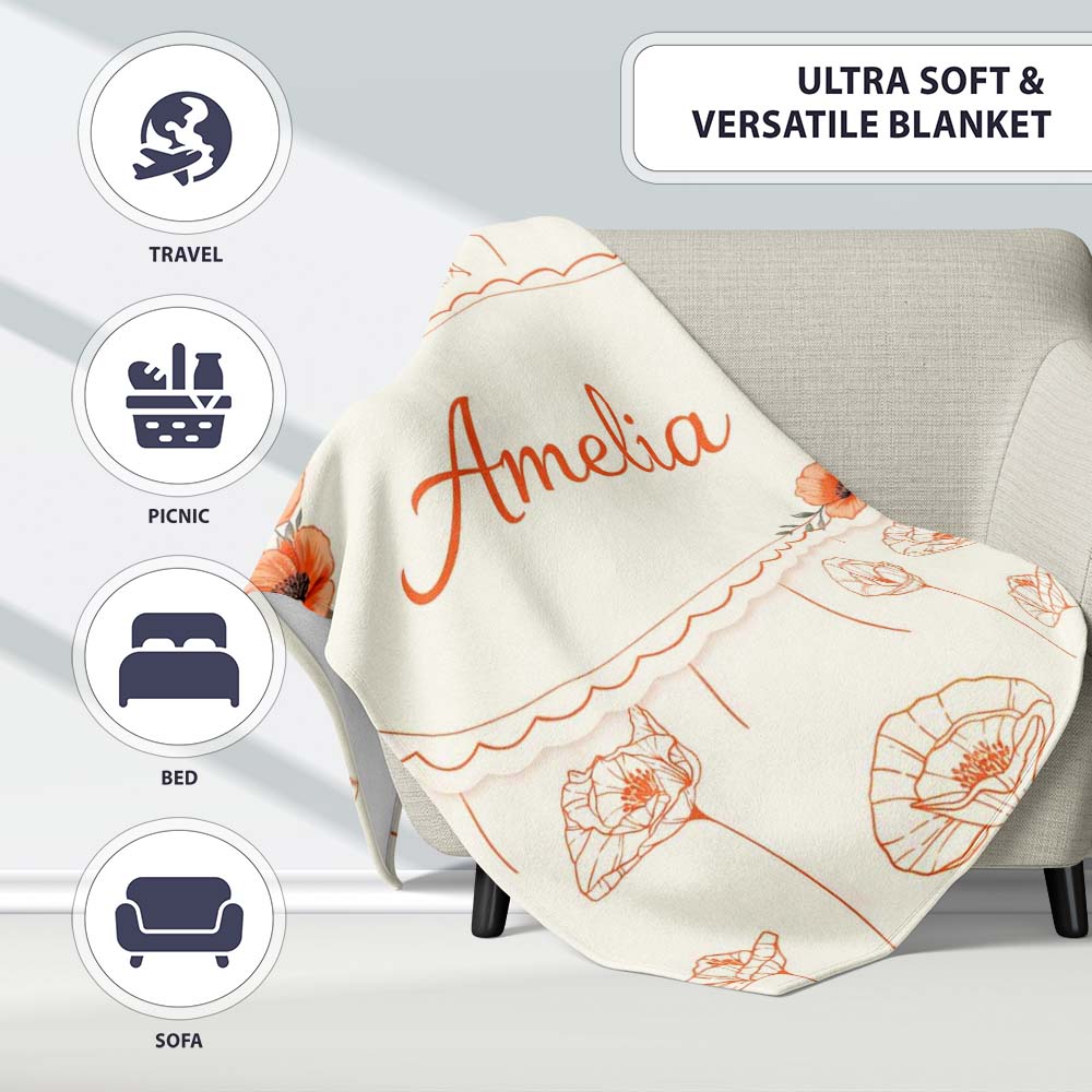 Minimal Line Art Floral Pattern Terracotta Design Cute Unique Gift Personalised Custom Name Super Soft Fleece Blanket Bed Sofa Throw