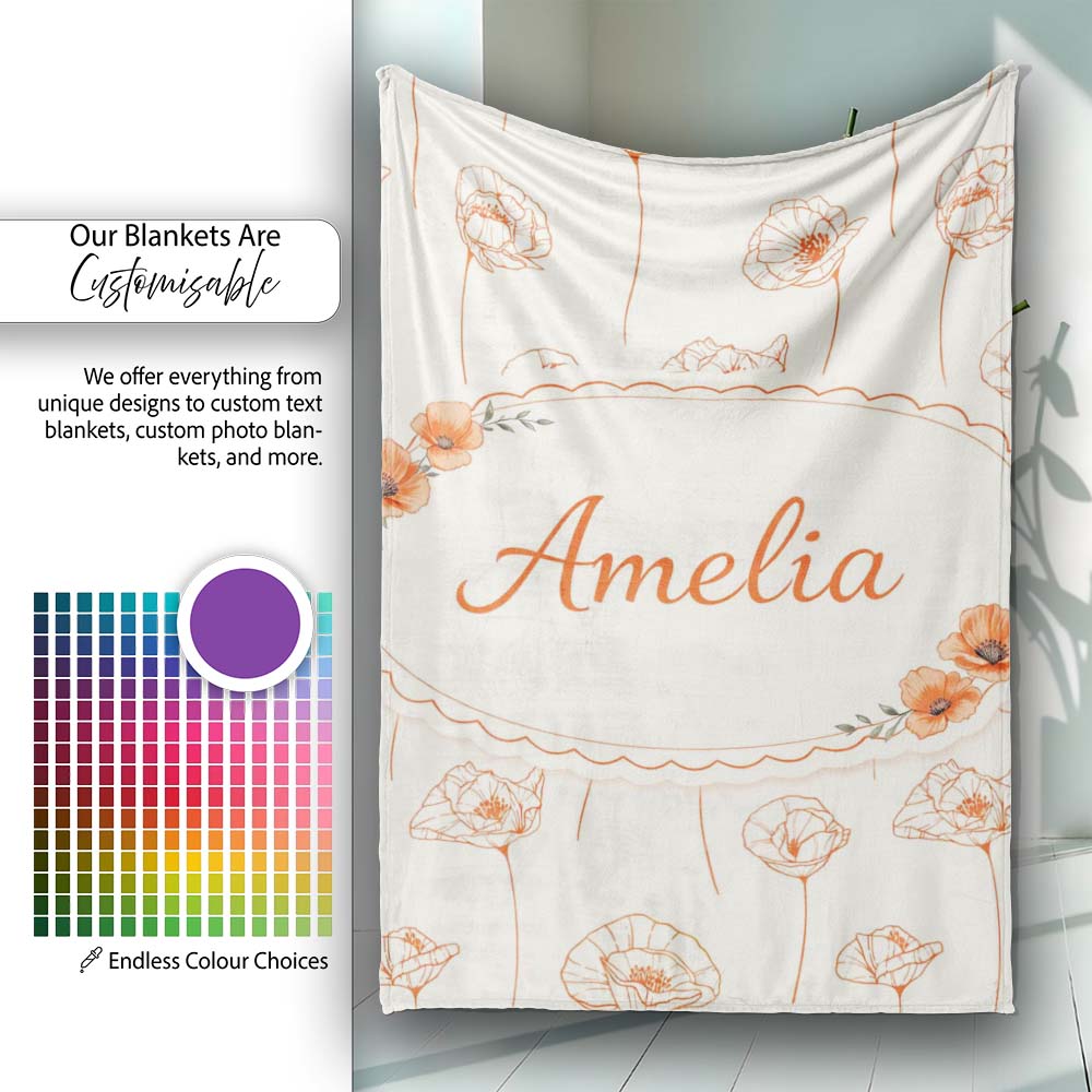 Minimal Line Art Floral Pattern Terracotta Design Cute Unique Gift Personalised Custom Name Super Soft Fleece Blanket Bed Sofa Throw