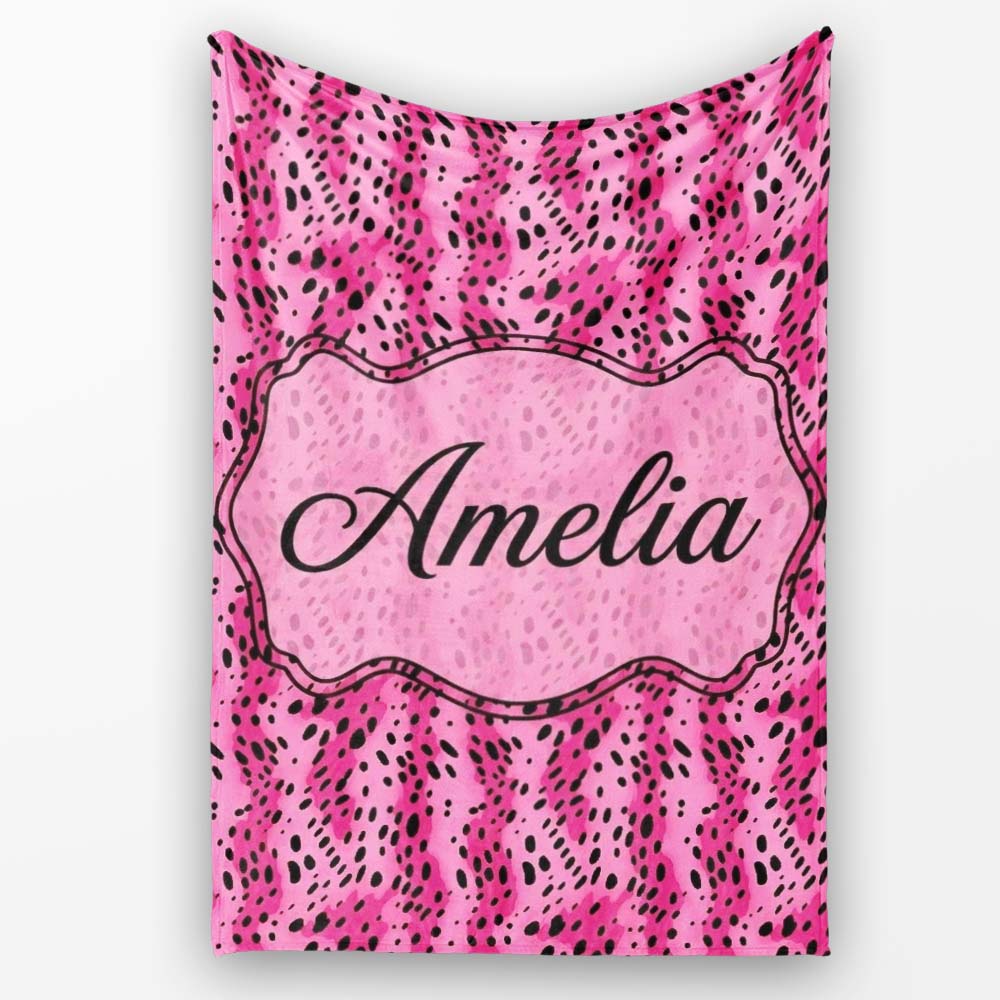 Vibrant Pink and Black Leopard Spot Abstract Seamless Pattern Lovely Personalised Custom Name Super Soft Fleece Blanket Bed Sofa Throw