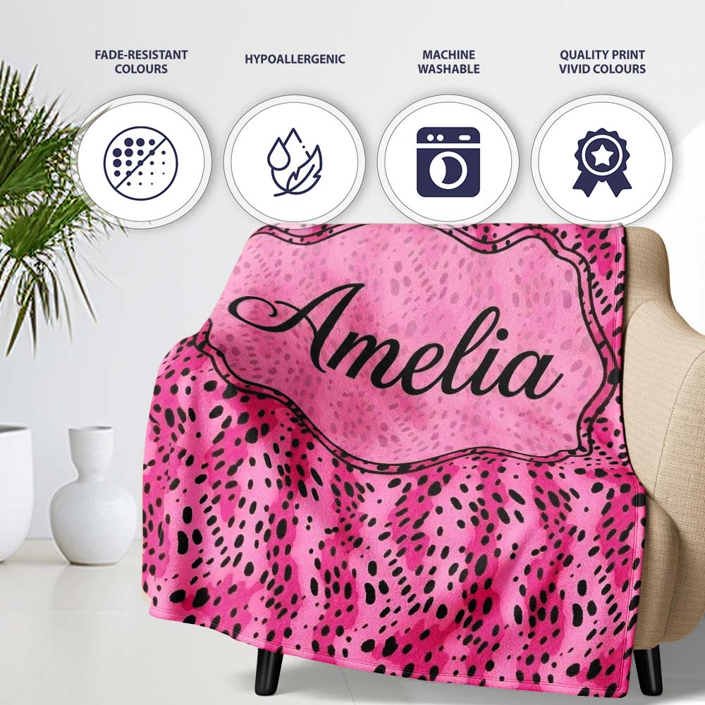 Vibrant Pink and Black Leopard Spot Abstract Seamless Pattern Lovely Personalised Custom Name Super Soft Fleece Blanket Bed Sofa Throw