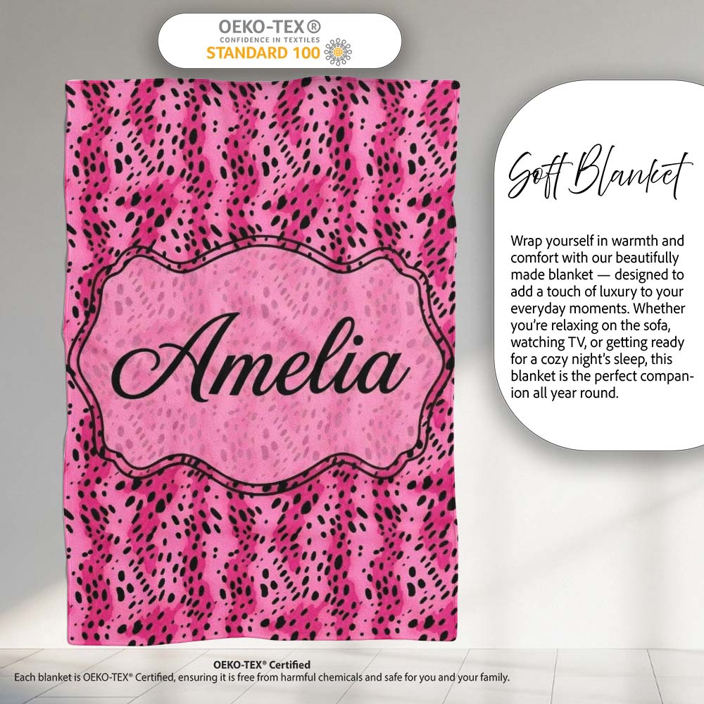 Vibrant Pink and Black Leopard Spot Abstract Seamless Pattern Lovely Personalised Custom Name Super Soft Fleece Blanket Bed Sofa Throw