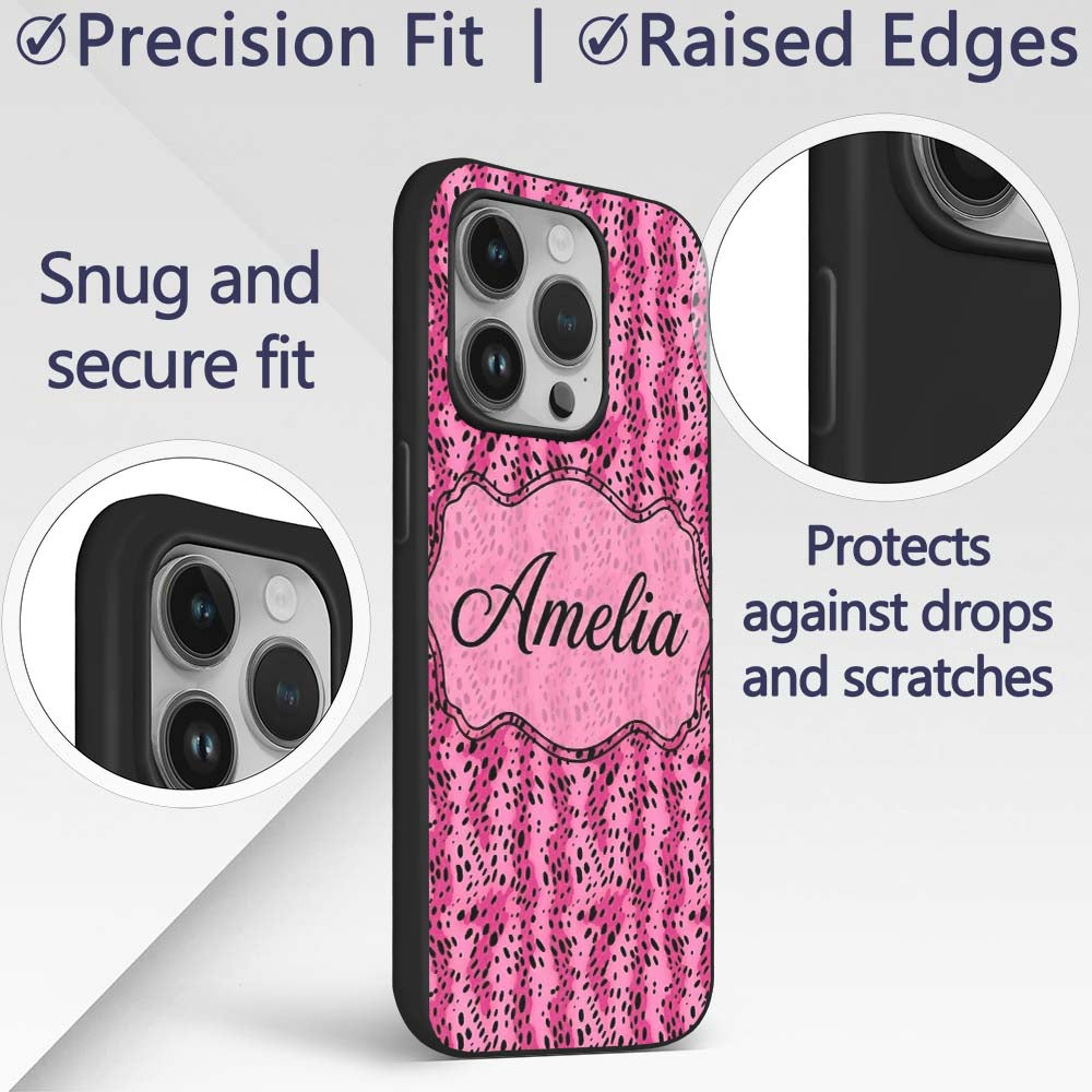 Vibrant Pink and Black Leopard Spot Abstract Custom Name Protective Phone Case Mobile Cover Durable Everyday Smartphone Shock Resistant