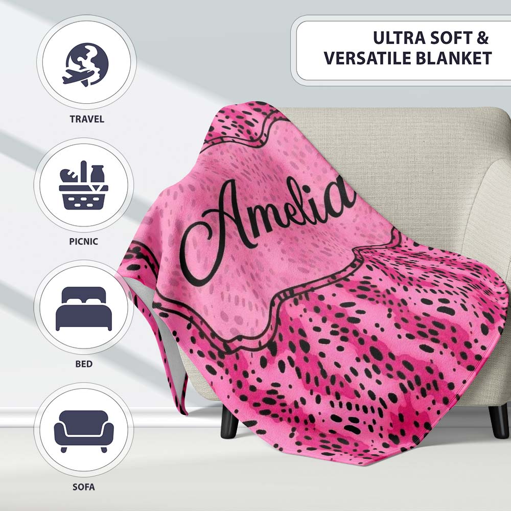 Vibrant Pink and Black Leopard Spot Abstract Seamless Pattern Lovely Personalised Custom Name Super Soft Fleece Blanket Bed Sofa Throw