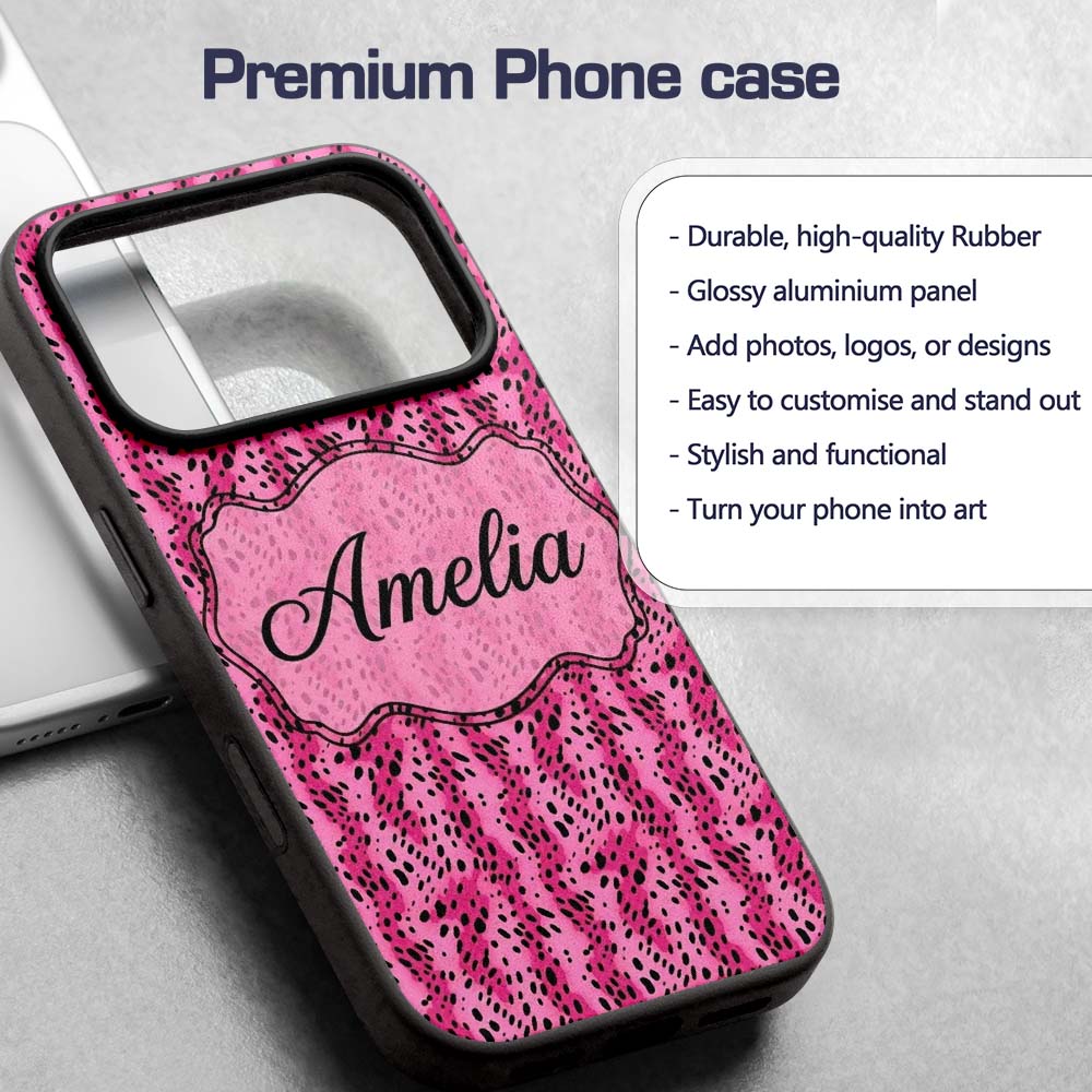 Vibrant Pink and Black Leopard Spot Abstract Custom Name Protective Phone Case Mobile Cover Durable Everyday Smartphone Shock Resistant