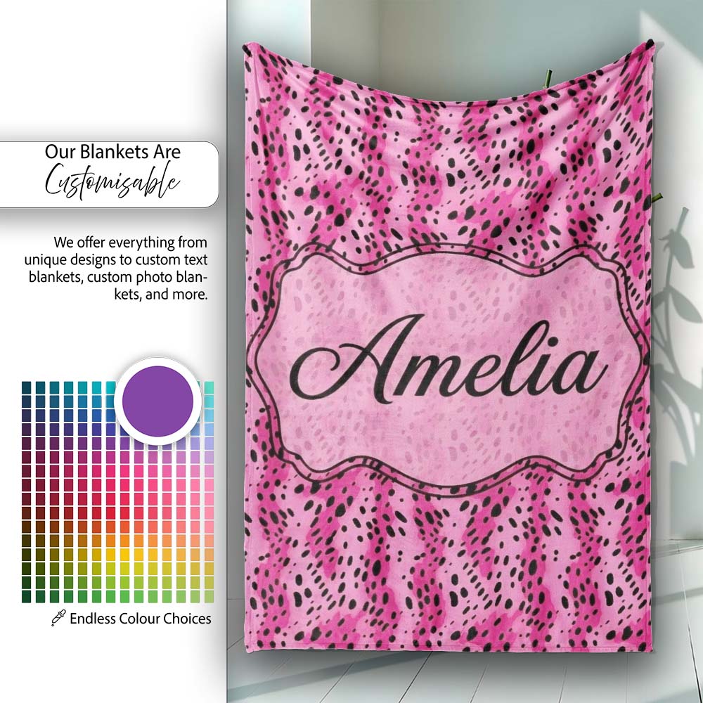 Vibrant Pink and Black Leopard Spot Abstract Seamless Pattern Lovely Personalised Custom Name Super Soft Fleece Blanket Bed Sofa Throw