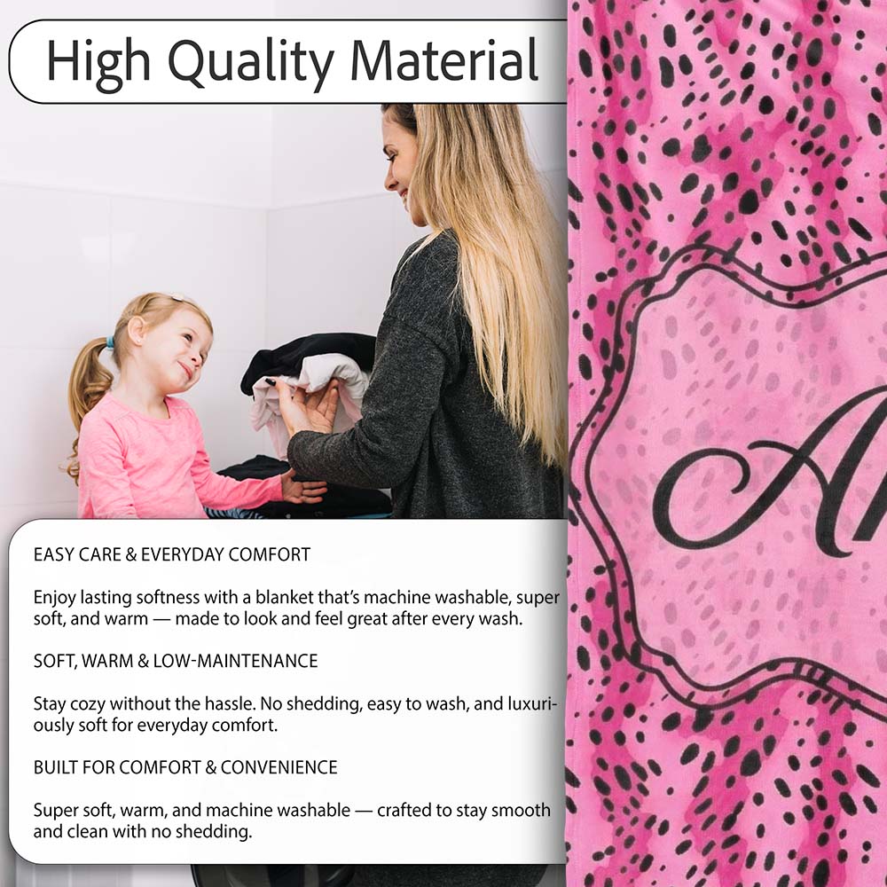 Vibrant Pink and Black Leopard Spot Abstract Seamless Pattern Lovely Personalised Custom Name Super Soft Fleece Blanket Bed Sofa Throw