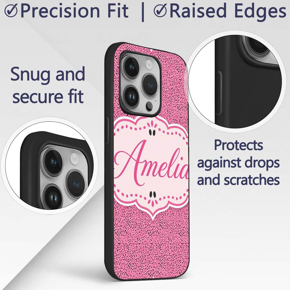 Pink and Black Micro Speckled Dot Printed Design Custom Name Protective Phone Case Mobile Cover Durable Everyday Smartphone Shock Resistant