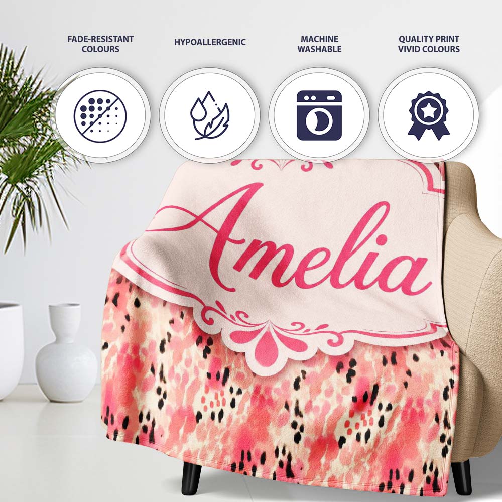 Pink Coral Watercolour Animal Texture Organic Seamless Pattern Personalised Custom Name Super Soft Fleece Blanket Bed Sofa Throw