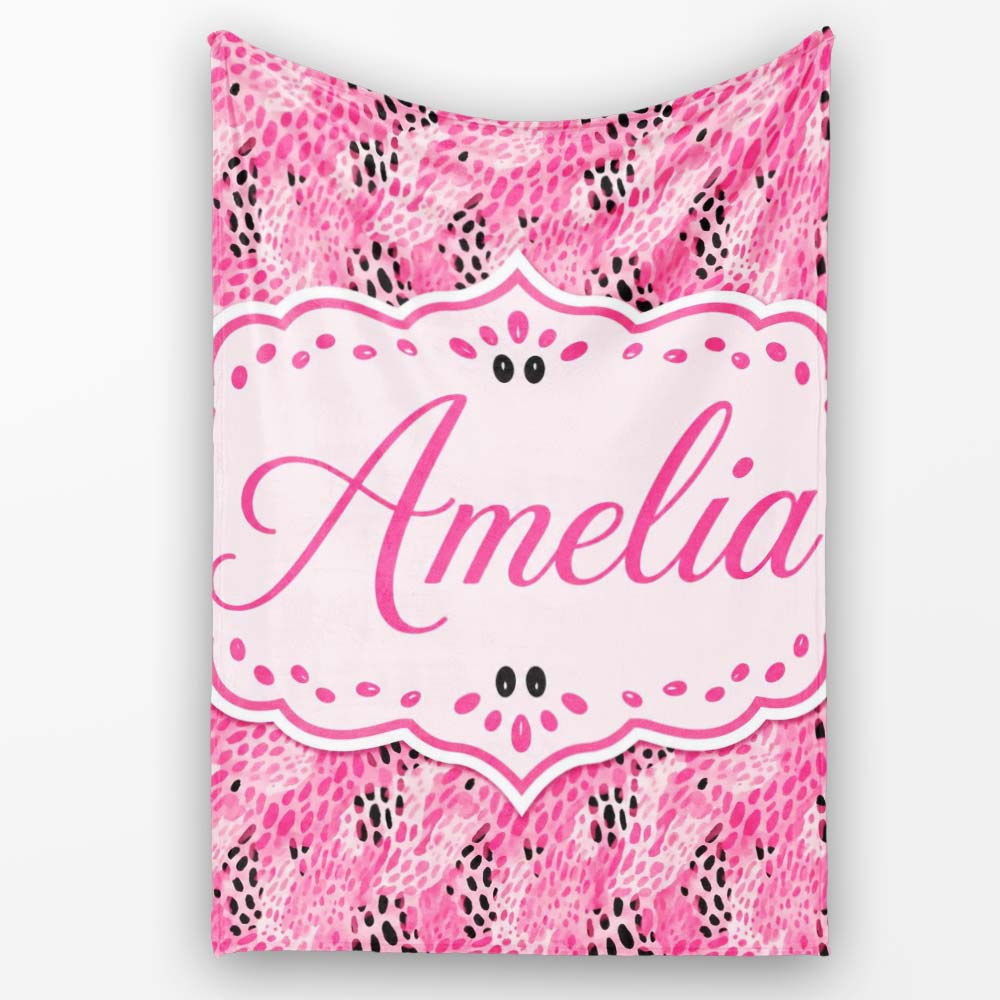 Bold Pink and Black Abstract Animal Print Seamless Pattern Lovely Personalised Custom Name Super Soft Fleece Blanket Bed Sofa Throw