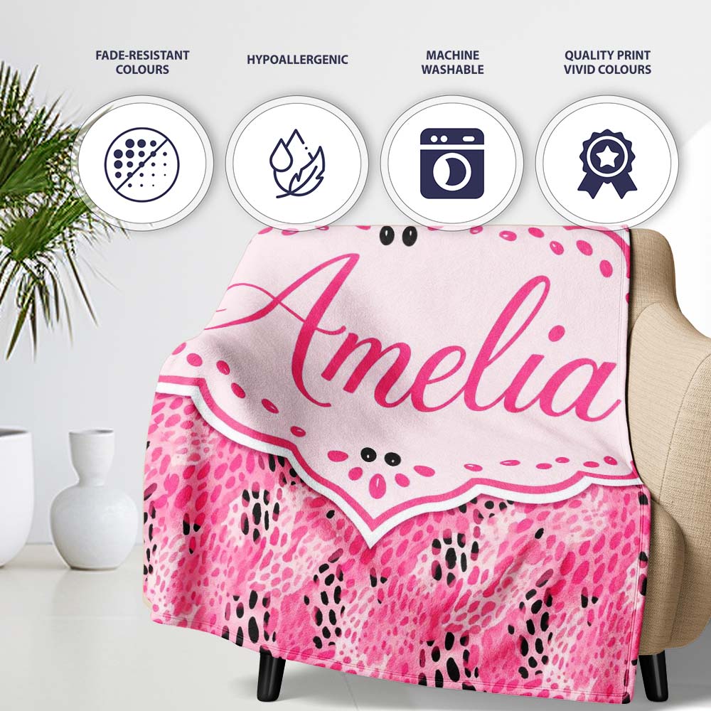 Bold Pink and Black Abstract Animal Print Seamless Pattern Lovely Personalised Custom Name Super Soft Fleece Blanket Bed Sofa Throw