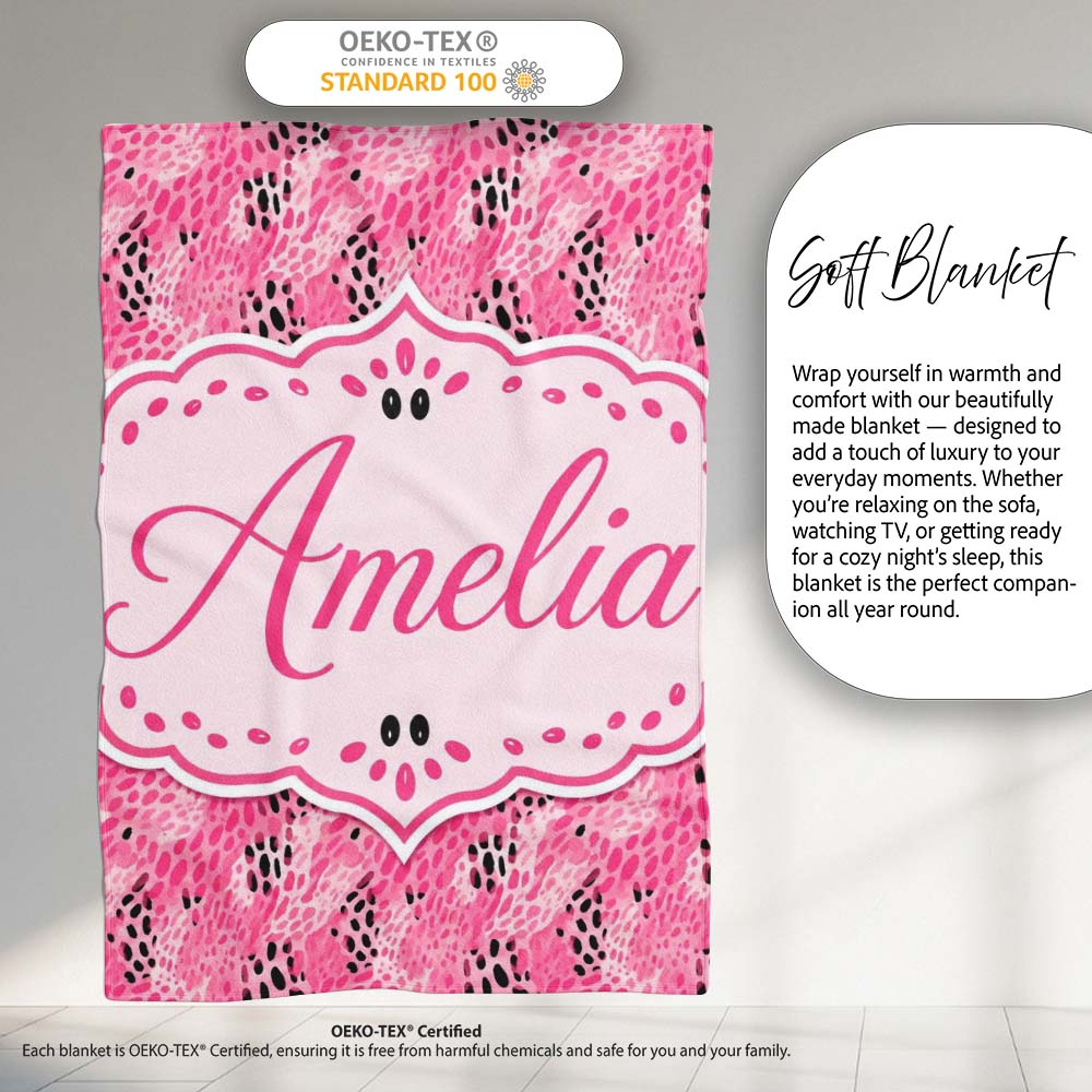 Bold Pink and Black Abstract Animal Print Seamless Pattern Lovely Personalised Custom Name Super Soft Fleece Blanket Bed Sofa Throw