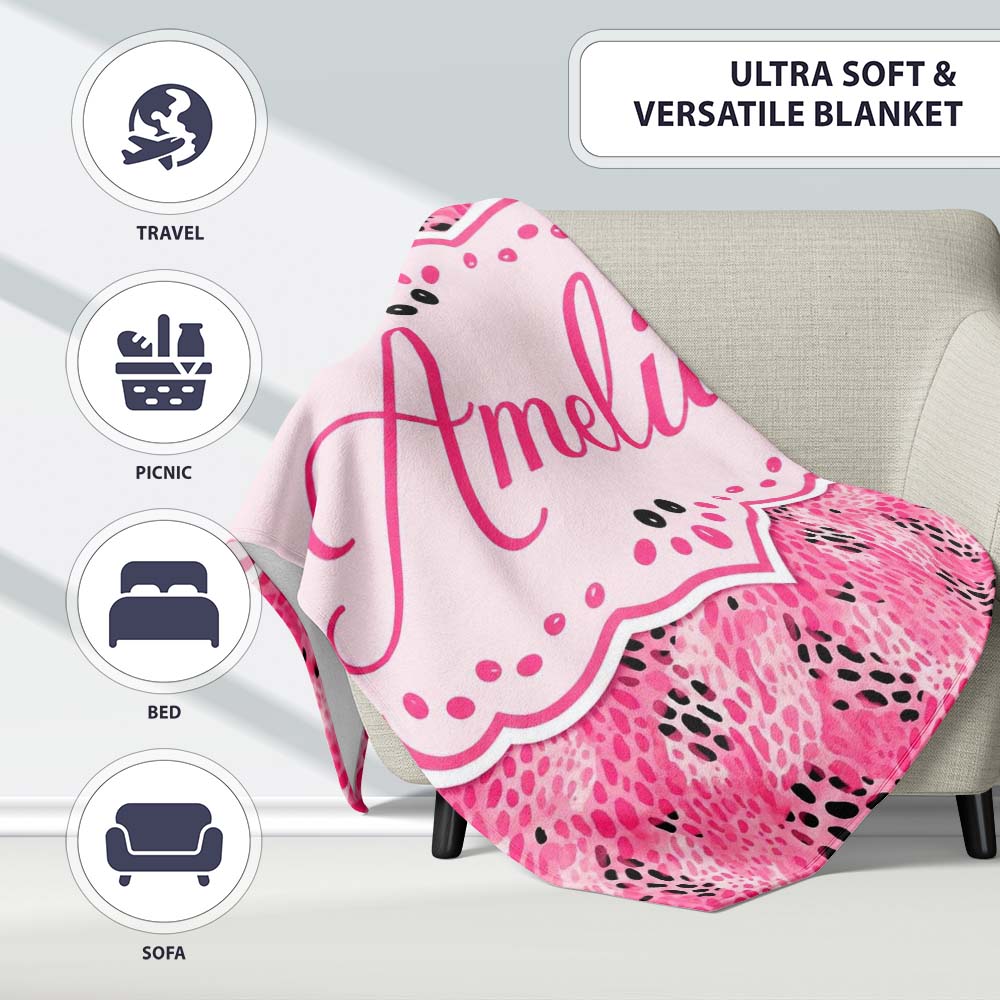 Bold Pink and Black Abstract Animal Print Seamless Pattern Lovely Personalised Custom Name Super Soft Fleece Blanket Bed Sofa Throw
