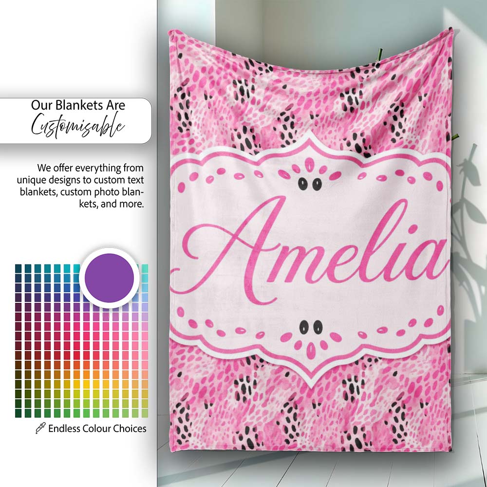 Bold Pink and Black Abstract Animal Print Seamless Pattern Lovely Personalised Custom Name Super Soft Fleece Blanket Bed Sofa Throw