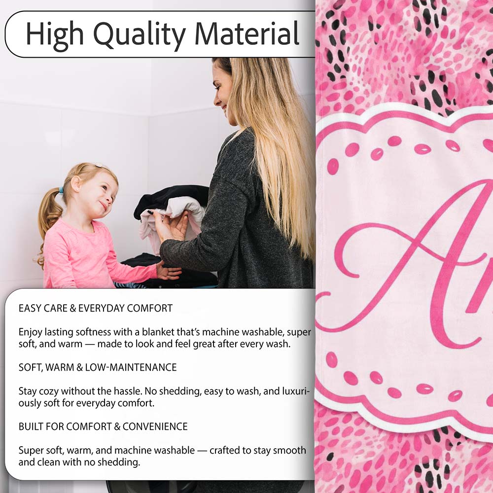 Bold Pink and Black Abstract Animal Print Seamless Pattern Lovely Personalised Custom Name Super Soft Fleece Blanket Bed Sofa Throw