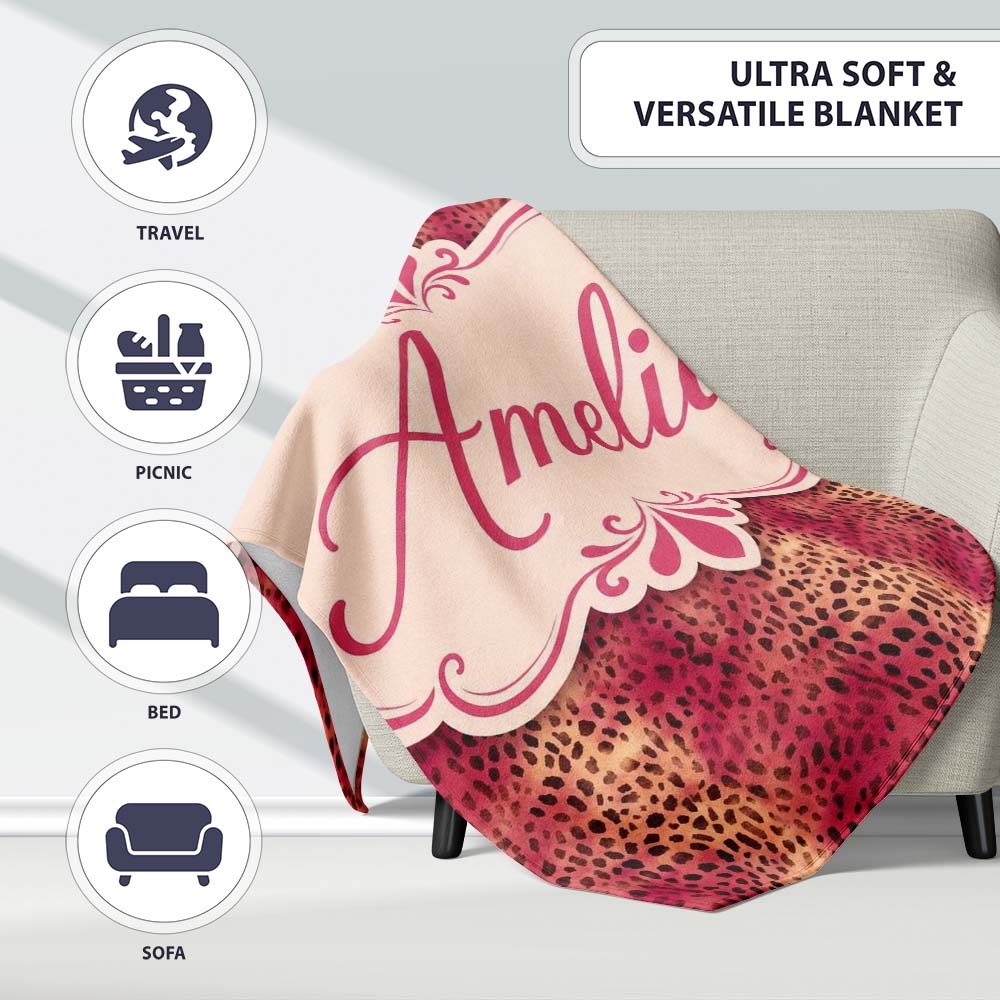 Bold Pink Black Speckled Abstract Animal Texture Seamless Pattern Personalised Custom Name Super Soft Fleece Blanket Bed Sofa Throw