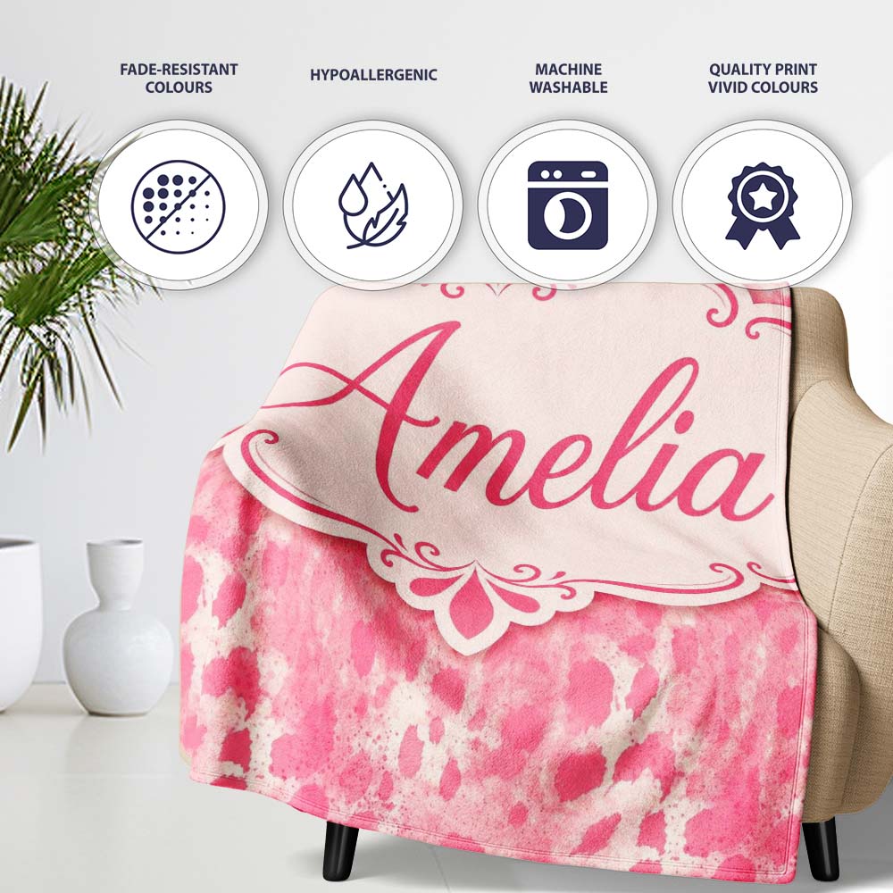 Soft Pink Watercolour Blotch Abstract Organic Seamless Pattern Personalised Custom Name Super Soft Fleece Blanket Bed Sofa Throw