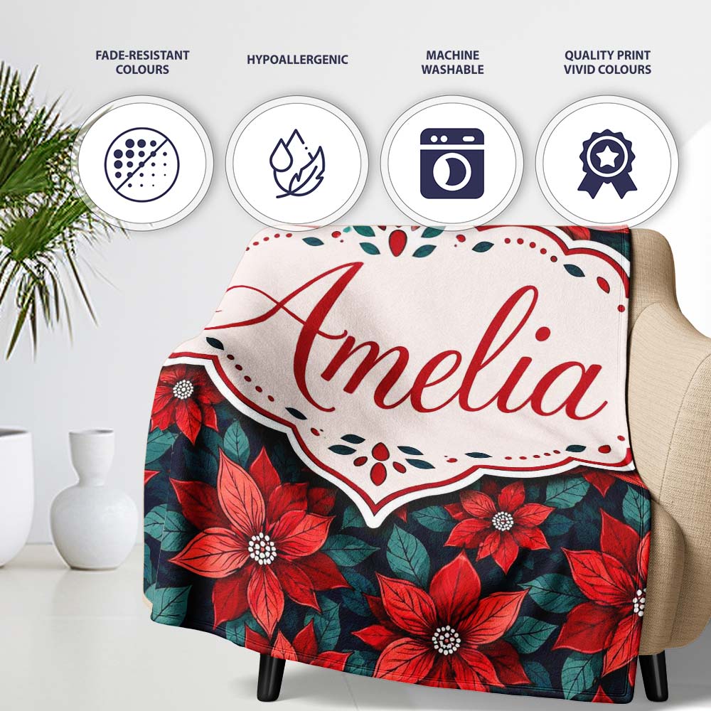 Classic Red Poinsettia Floral Dark Background Christmas Seamless Personalised Custom Name Super Soft Fleece Blanket Bed Sofa Throw