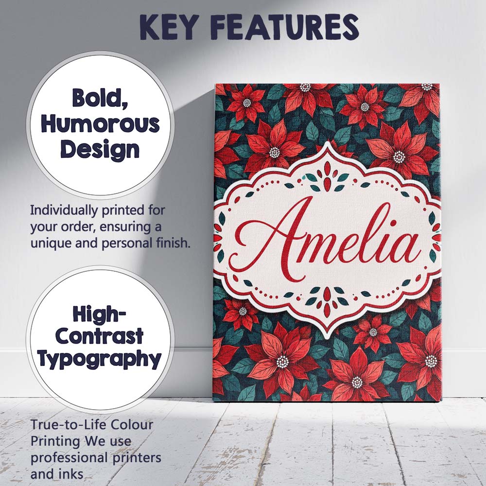 Personalised Name Classic Red Poinsettia Custom Unique Gift Idea Elegant Feature Canvas Wall Art Print Decor Picture Ready to Hang