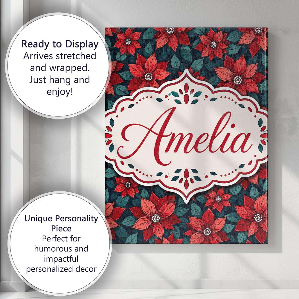 Personalised Name Classic Red Poinsettia Custom Unique Gift Idea Elegant Feature Canvas Wall Art Print Decor Picture Ready to Hang