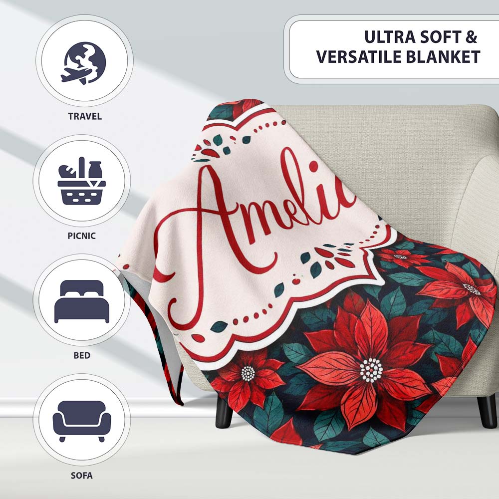 Classic Red Poinsettia Floral Dark Background Christmas Seamless Personalised Custom Name Super Soft Fleece Blanket Bed Sofa Throw