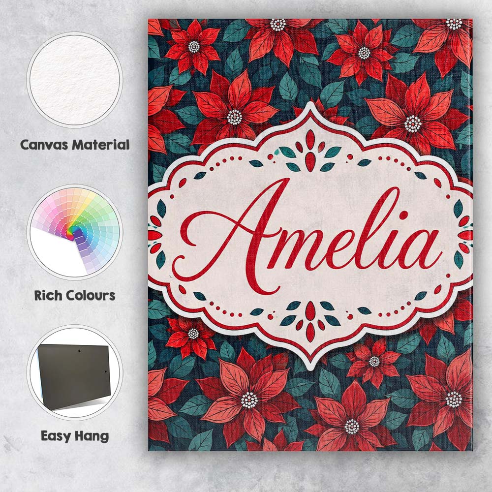 Personalised Name Classic Red Poinsettia Custom Unique Gift Idea Elegant Feature Canvas Wall Art Print Decor Picture Ready to Hang