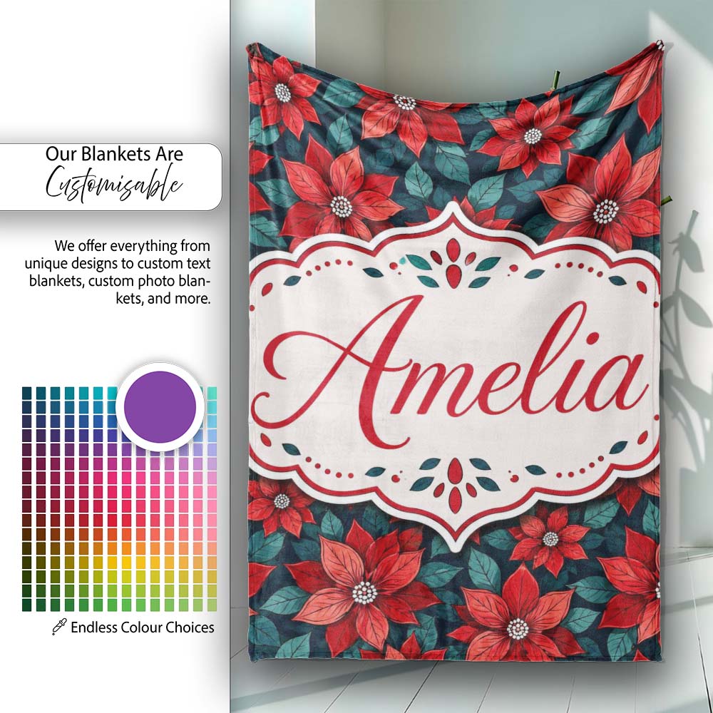 Classic Red Poinsettia Floral Dark Background Christmas Seamless Personalised Custom Name Super Soft Fleece Blanket Bed Sofa Throw