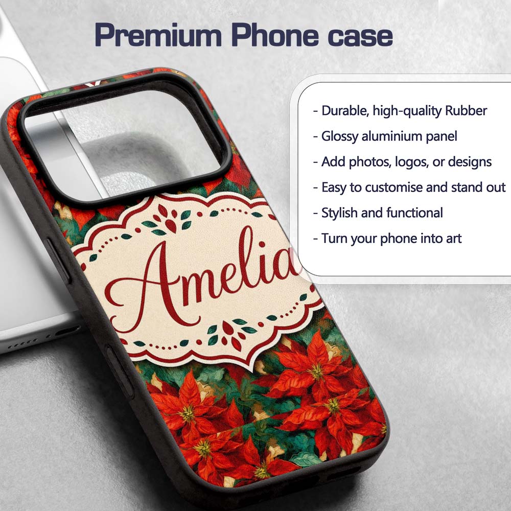 Painterly Red Poinsettia Green Leaves Festive Custom Name Protective Phone Case Mobile Cover Durable Everyday Smartphone Shock Resistant