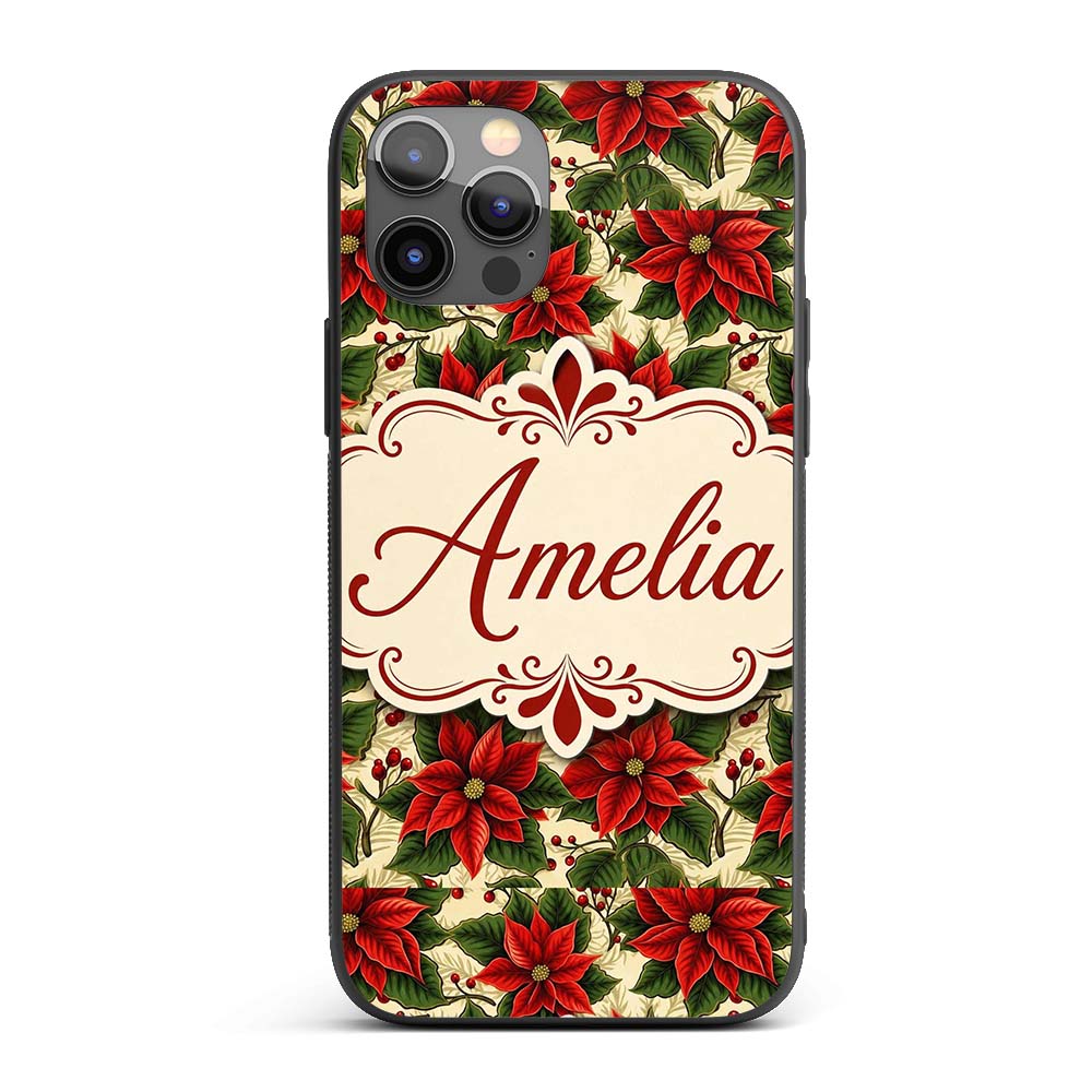 Traditional Poinsettia Holly Berry Christmas Custom Name Protective Phone Case Mobile Cover Durable Everyday Smartphone Shock Resistant