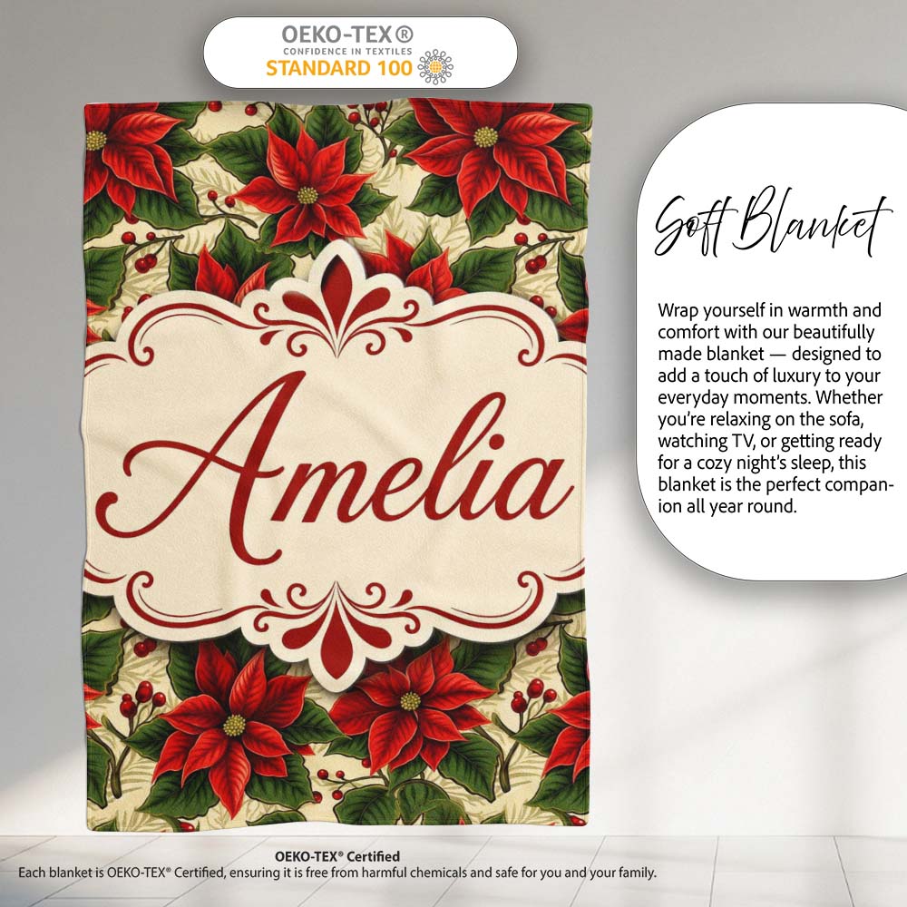 Traditional Poinsettia Holly Berry Christmas Botanical Seamless Personalised Custom Name Super Soft Fleece Blanket Bed Sofa Throw