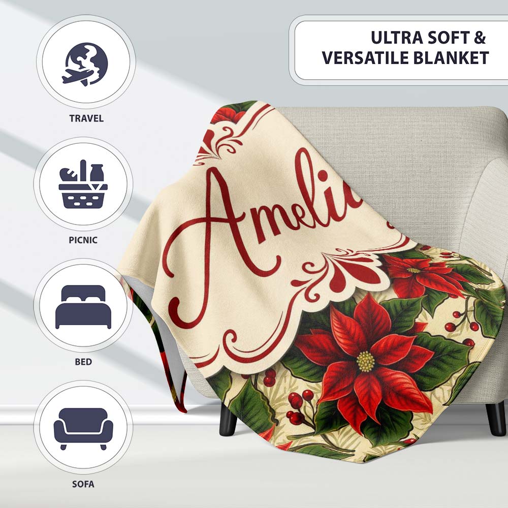 Traditional Poinsettia Holly Berry Christmas Botanical Seamless Personalised Custom Name Super Soft Fleece Blanket Bed Sofa Throw