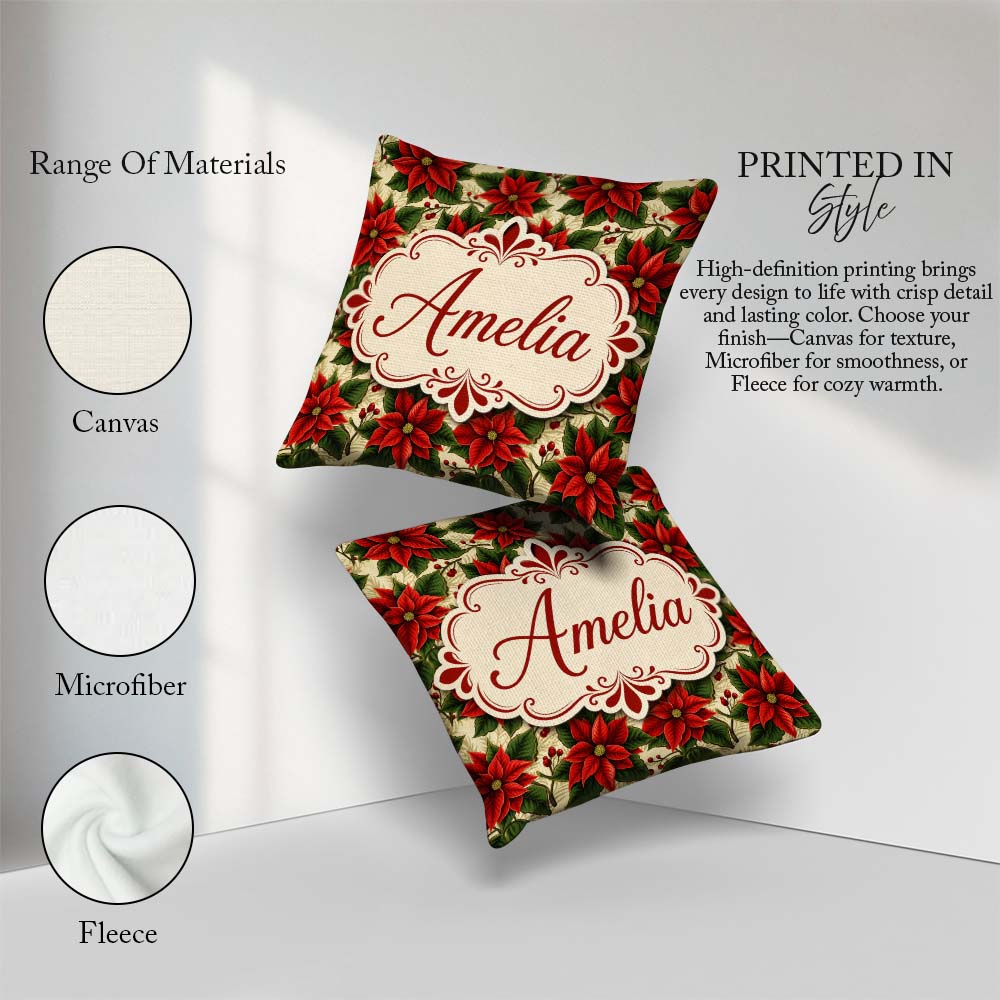Custom Name Traditional Holly Berry Christmas Botanical Seamless Square Filled Cushion Throw Pillow Sofa Bed Home Decor Zip Washable UK Made