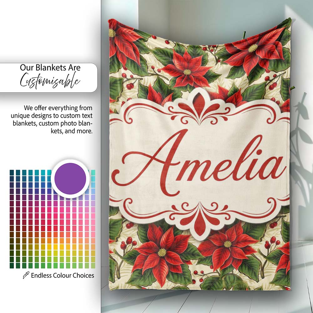Traditional Poinsettia Holly Berry Christmas Botanical Seamless Personalised Custom Name Super Soft Fleece Blanket Bed Sofa Throw