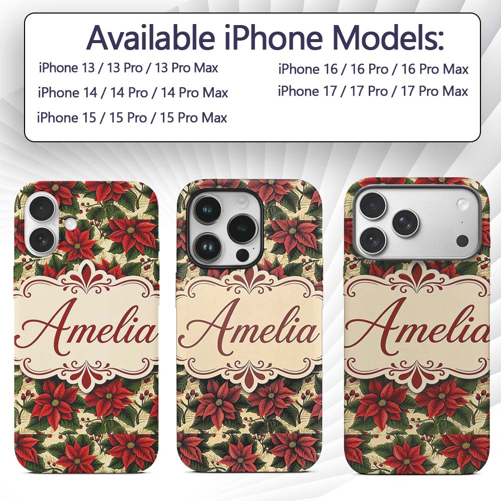 Traditional Poinsettia Holly Berry Christmas Custom Name Protective Phone Case Mobile Cover Durable Everyday Smartphone Shock Resistant
