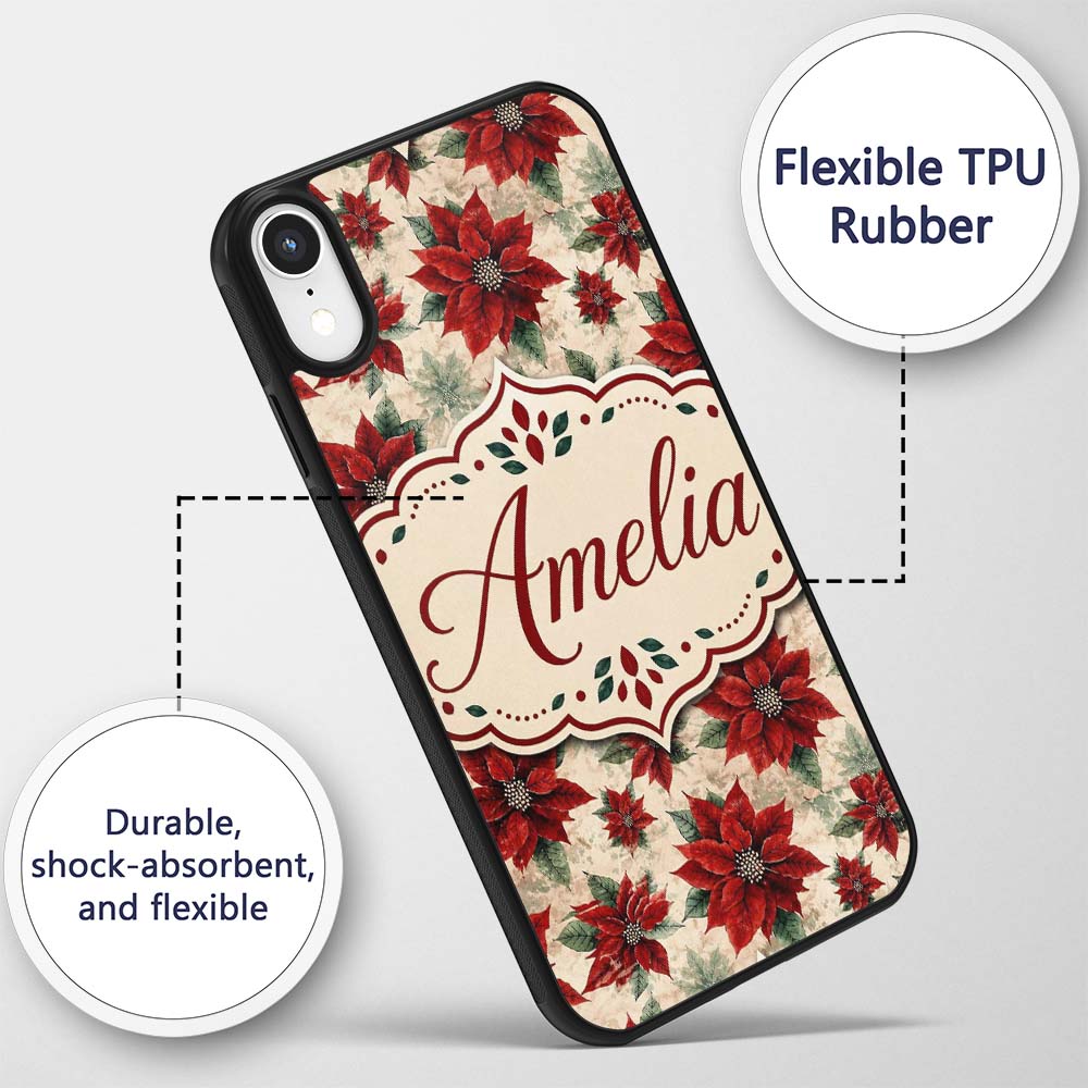 Elegant Beige Background Poinsettia Floral Printed Design Custom Name Protective Phone Case Mobile Cover Durable Smartphone Shock Resistant