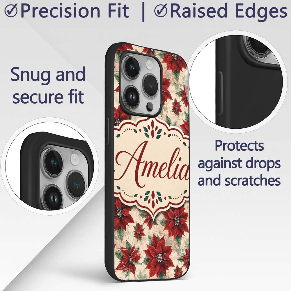 Elegant Beige Background Poinsettia Floral Printed Design Custom Name Protective Phone Case Mobile Cover Durable Smartphone Shock Resistant