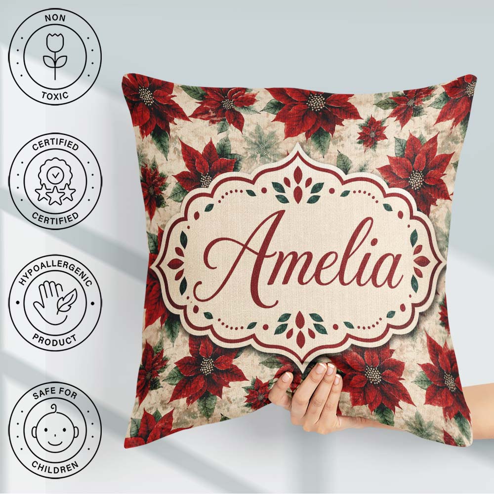 Custom Name Elegant Beige Background Poinsettia Classic Seamless Square Filled Cushion Throw Pillow Sofa Bed Home Decor Zip Washable UK Made