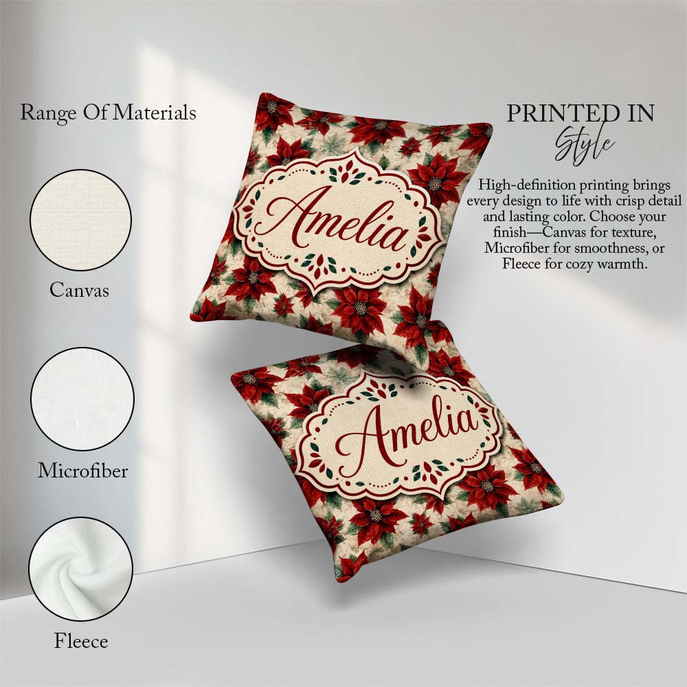 Custom Name Elegant Beige Background Poinsettia Classic Seamless Square Filled Cushion Throw Pillow Sofa Bed Home Decor Zip Washable UK Made