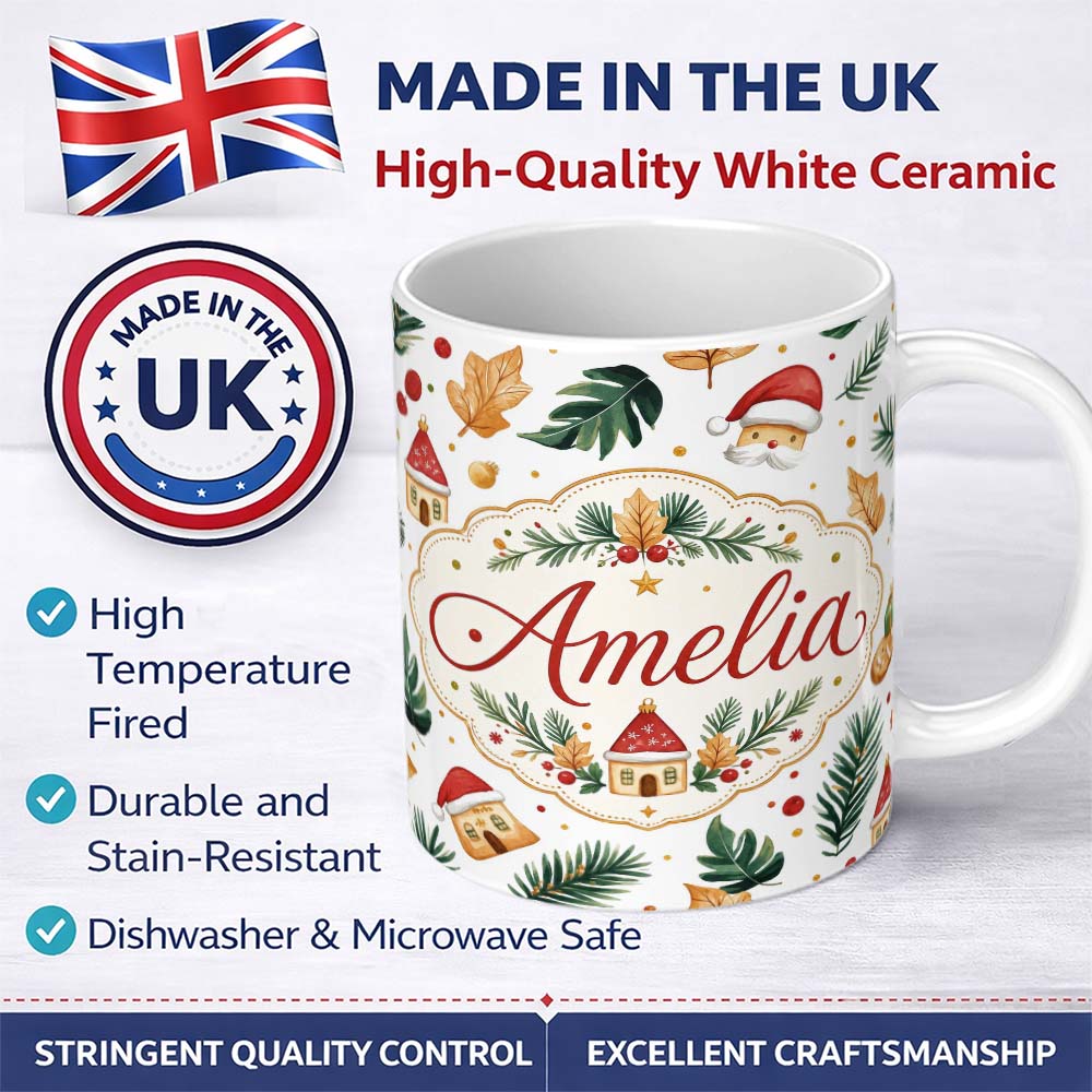 Personalized Custom Name Festive Christmas Leaves Santa Houses Baubles Watercolor Seamless 11oz Ceramic Coffee Tea Mug White Large Handle