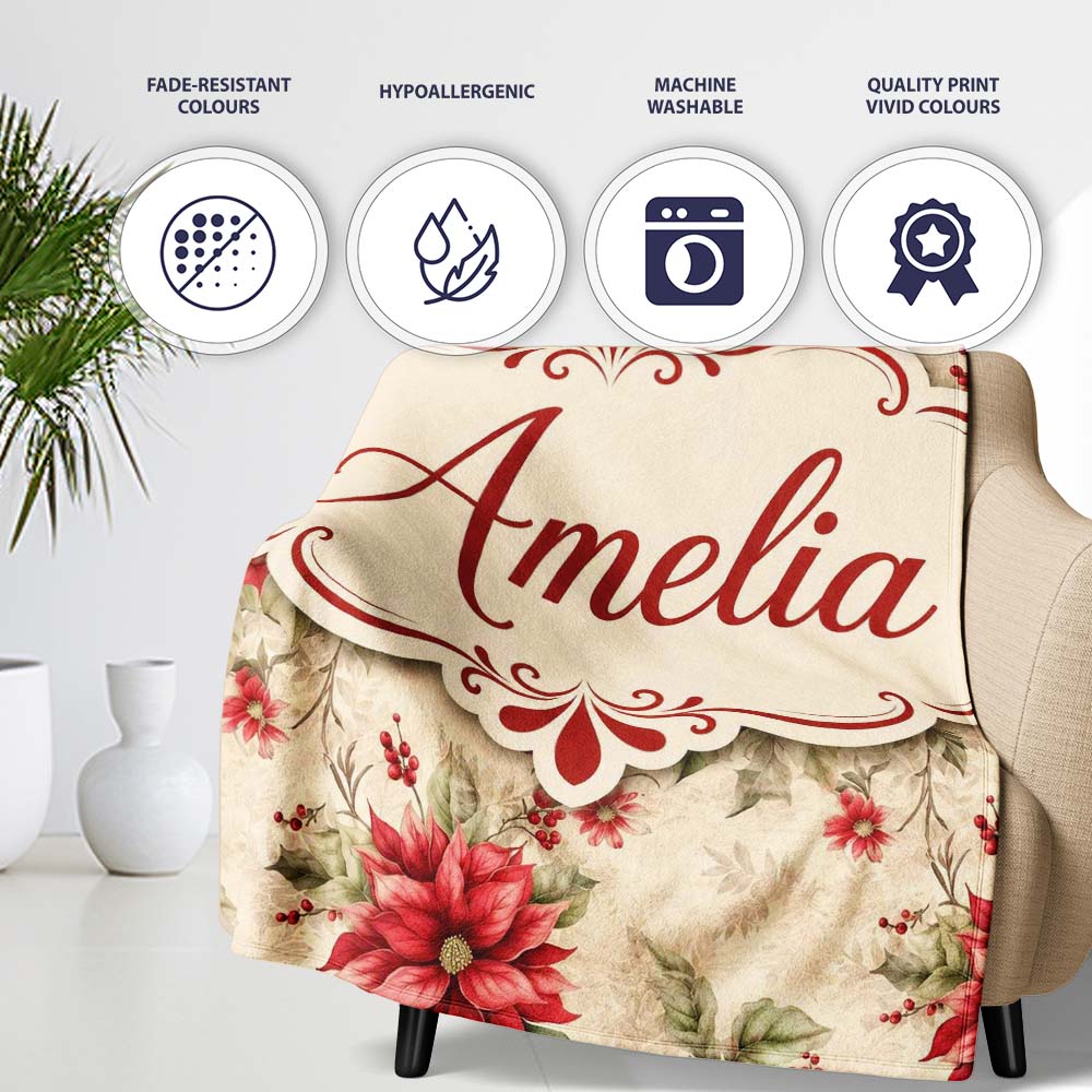 Botanical Poinsettia and Foliage Christmas Garden Seamless Pattern Personalised Custom Name Super Soft Fleece Blanket Bed Sofa Throw