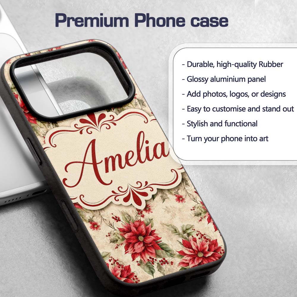 Botanical Poinsettia and Foliage Christmas Garden Custom Name Protective Phone Case Mobile Cover Durable Everyday Smartphone Shock Resistant