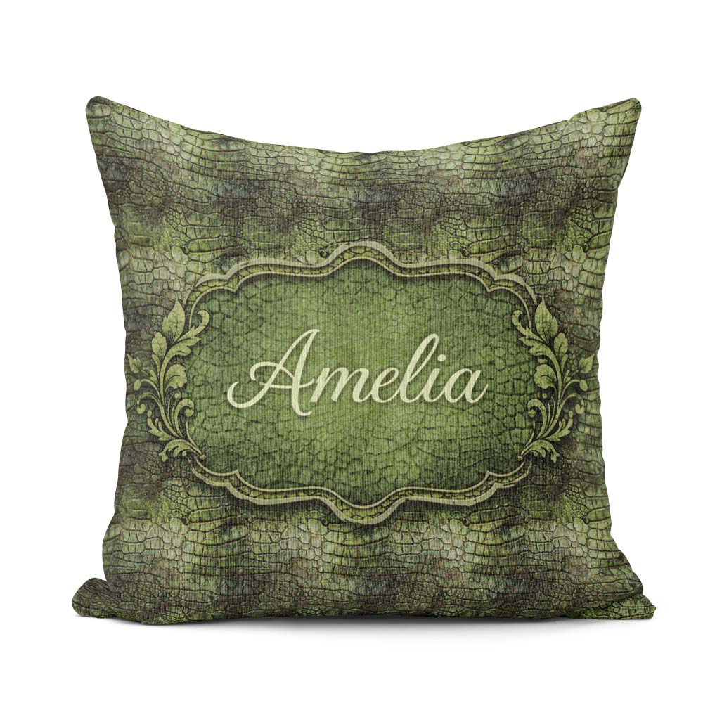 Custom Name Green Crocodile Skin Texture Pattern Thoughtful Idea Square Filled Cushion Throw Pillow Sofa Bed Home Decor Zip Washable UK Made