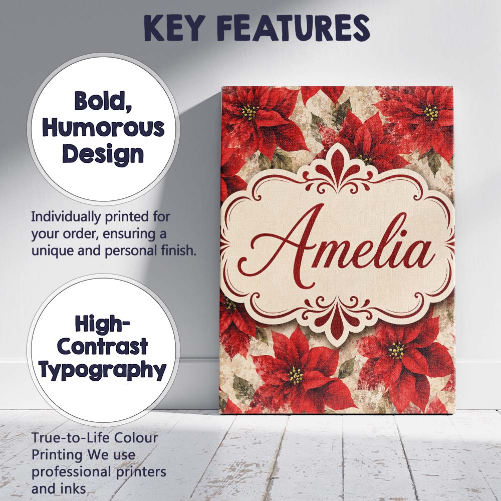 Personalised Name Watercolour Red Poinsettia Custom Bespoke Contemporary Display Canvas Wall Art Print Decor Picture Ready to Hang