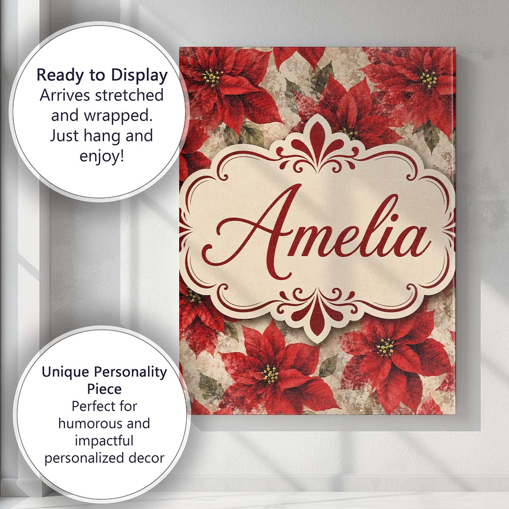 Personalised Name Watercolour Red Poinsettia Custom Bespoke Contemporary Display Canvas Wall Art Print Decor Picture Ready to Hang
