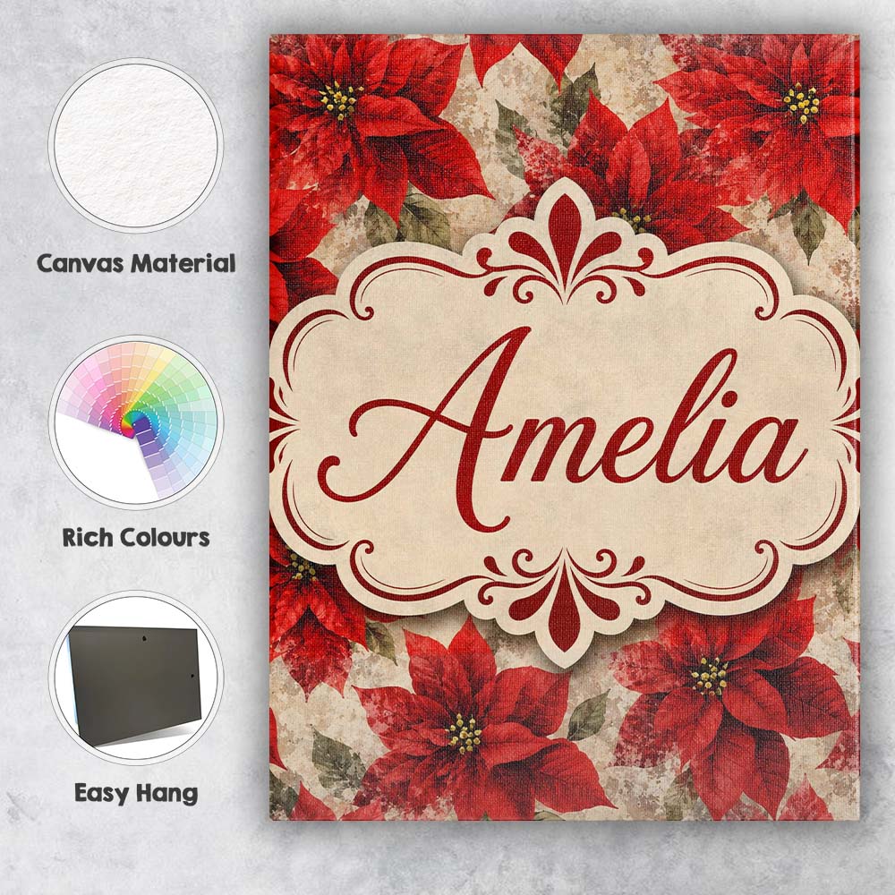 Personalised Name Watercolour Red Poinsettia Custom Bespoke Contemporary Display Canvas Wall Art Print Decor Picture Ready to Hang
