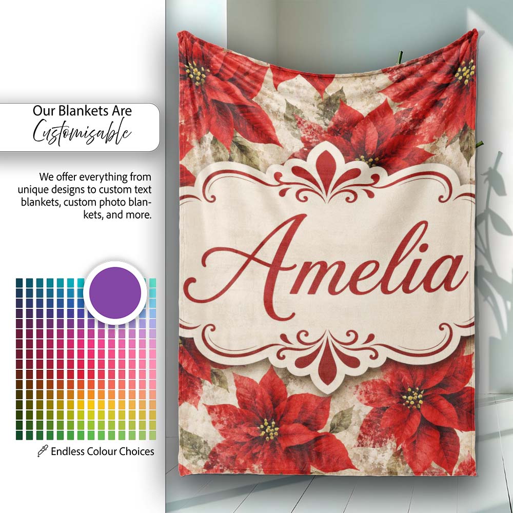 Watercolour Red Poinsettia and Leaves Soft Festive Seamless Pattern Personalised Custom Name Super Soft Fleece Blanket Bed Sofa Throw
